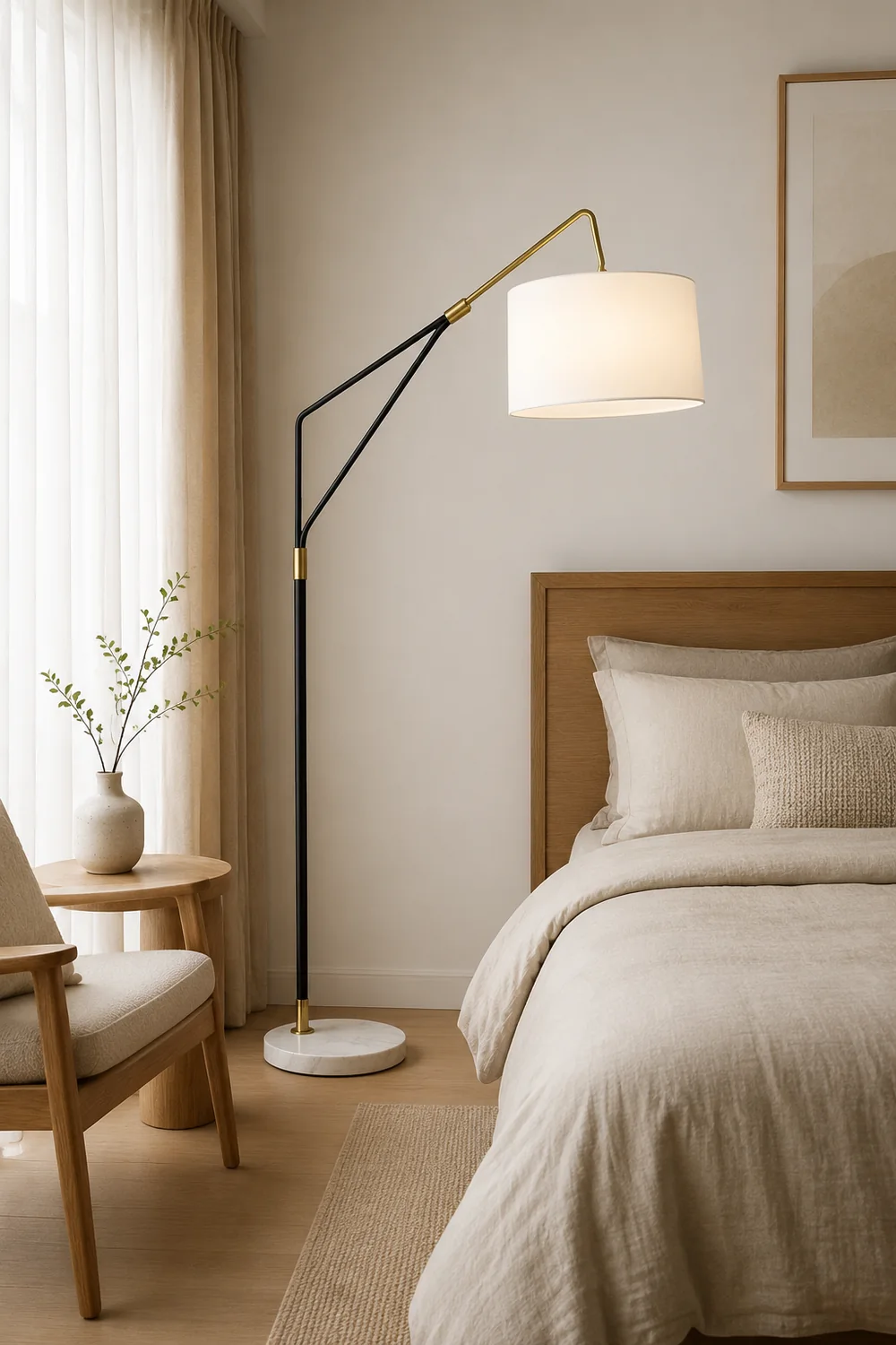 Eryn Floor Lamp Round Basic Nordic/Modern, Fabric, White, Bedroom - Lumpaz