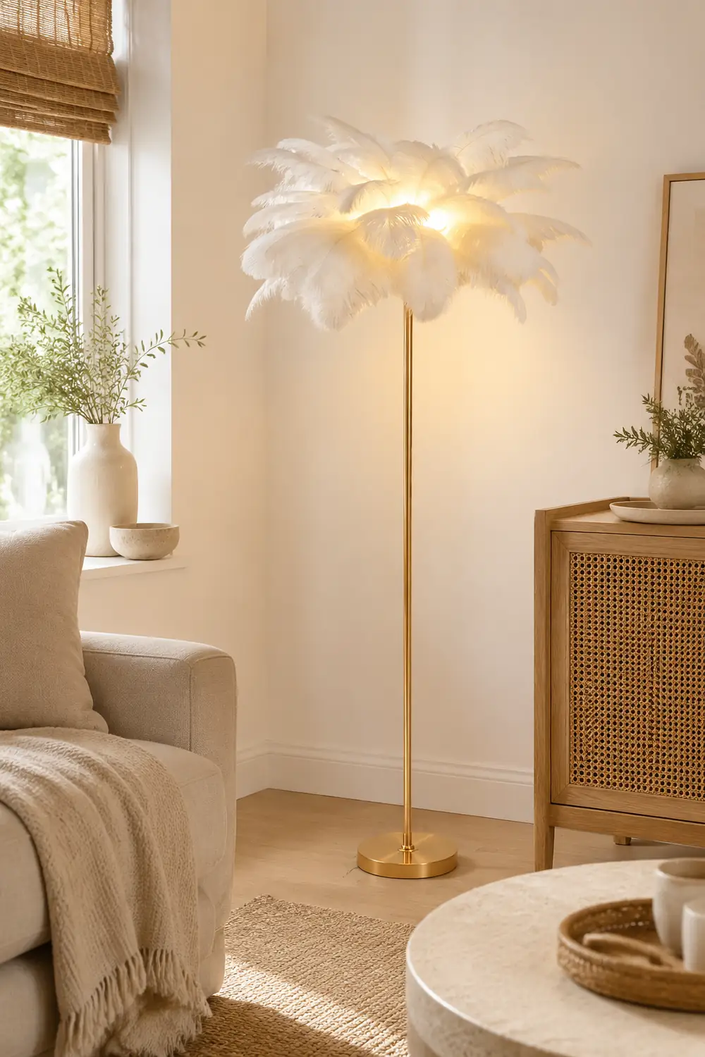 O'Moore Modern Floor Lamp, Natural Ostrich Feather & Metal Stand - Lumpaz
