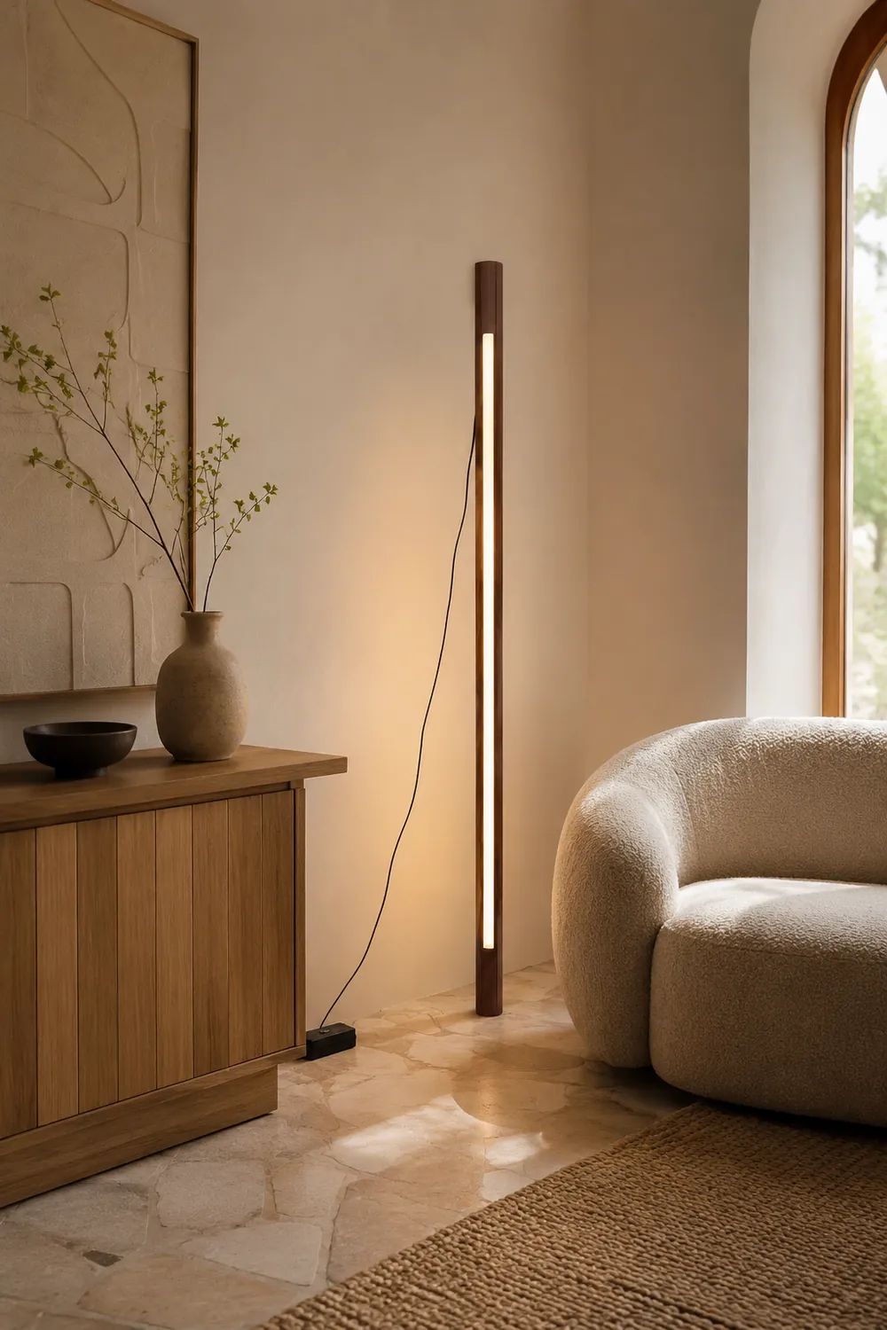 Ozawa Minimalist Linear Floor Lamp, Wood/Acrylic, Living Room - Lumpaz