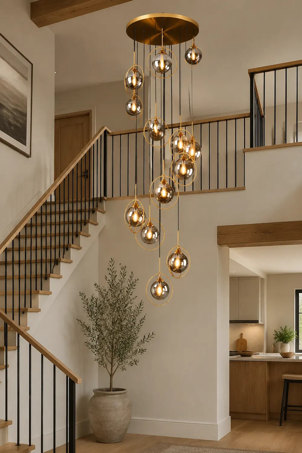 Hailie Modern Spiral Ball Glass Staircase Chandelier, Clear/Amber/Smoke Gray - Lumpaz
