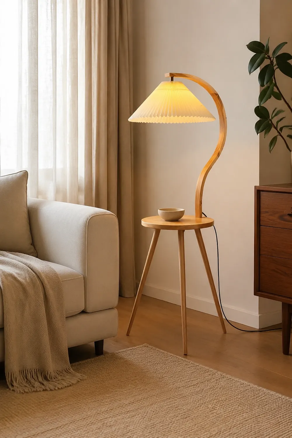 Ozawa Modern Pleated Wood Fabric Bedside Table Floor Lamp - Lumpaz