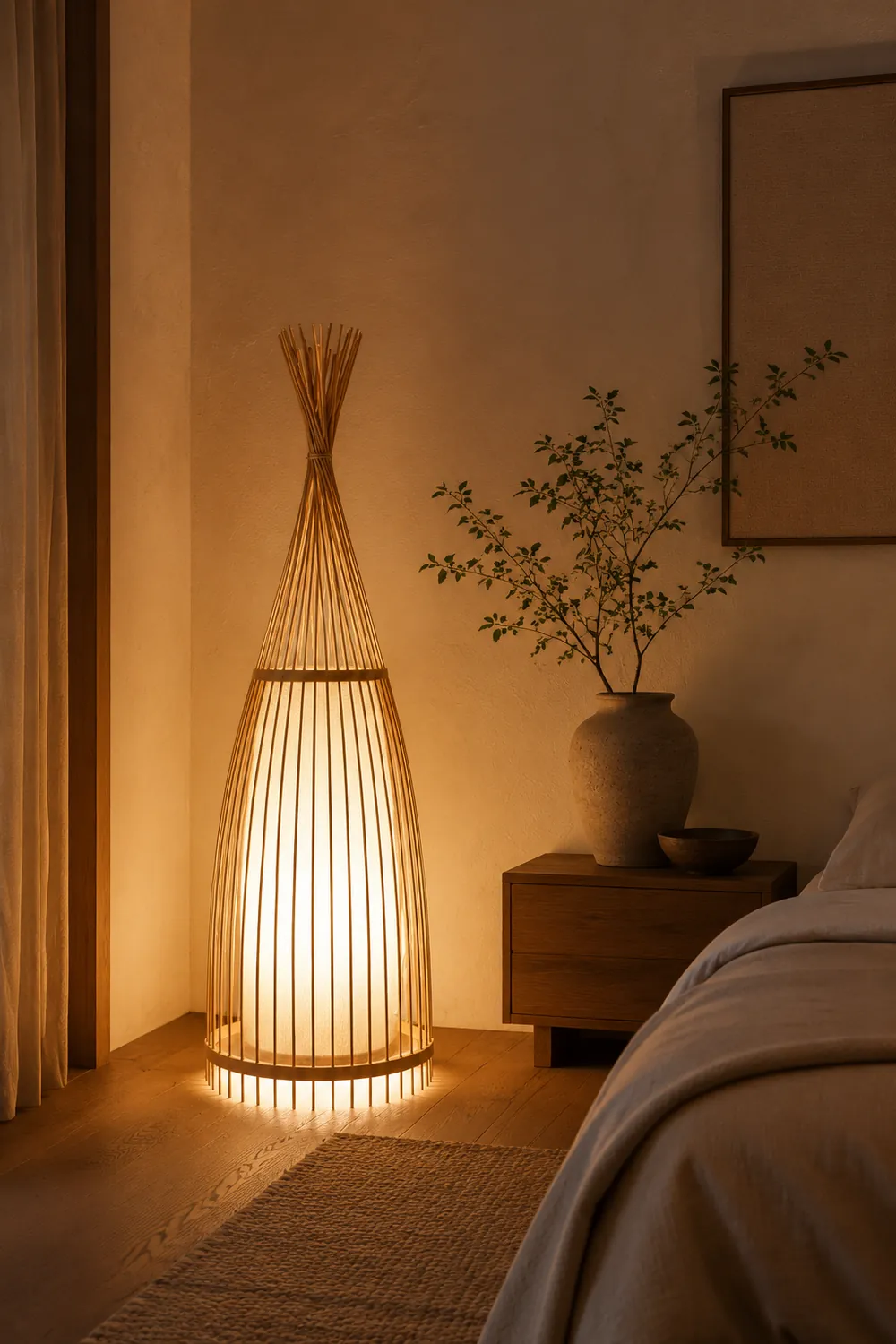 Ozawa Rustic Bottle Standing Floor Lamp, Rattan/Fabric, Bedroom - Lumpaz
