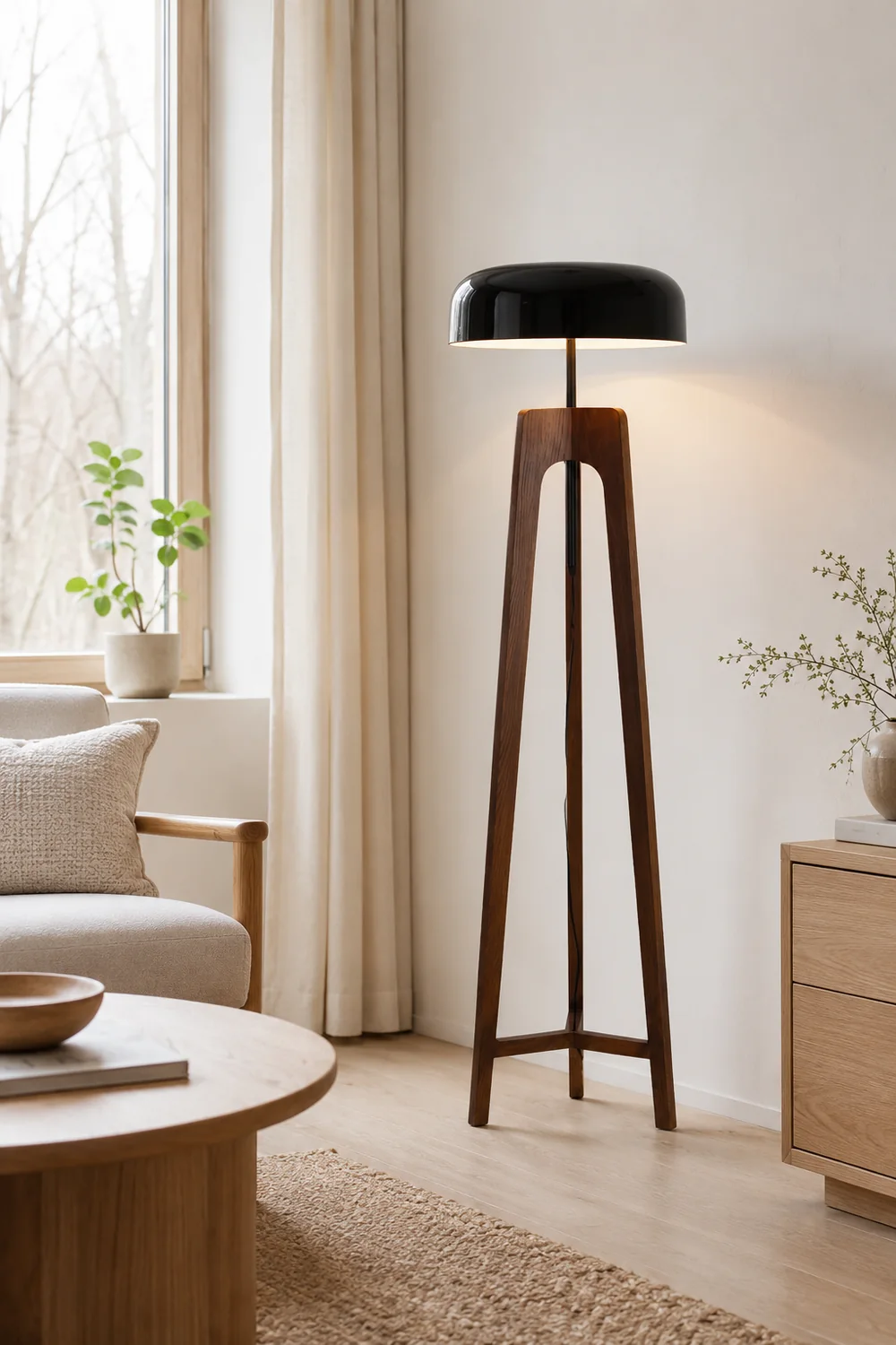 Ozawa Modern Bowl Tripod Wood Metal Floor Lamp, Black/White - Lumpaz