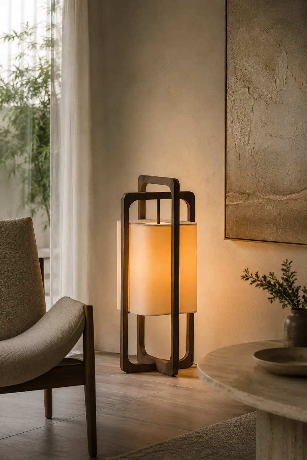 Ozawa Retro Rectangular Wood Fabric Floor Lamp - Lumpaz