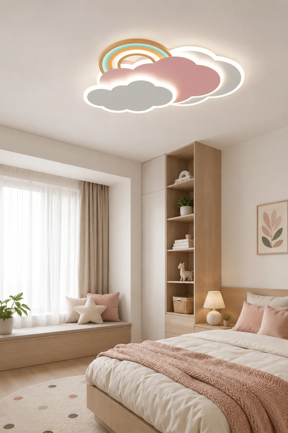 Minori Modern Cloud/Rainbow Metal/Acrylic Flush Mount Ceiling Light Pink/White - Lumpaz