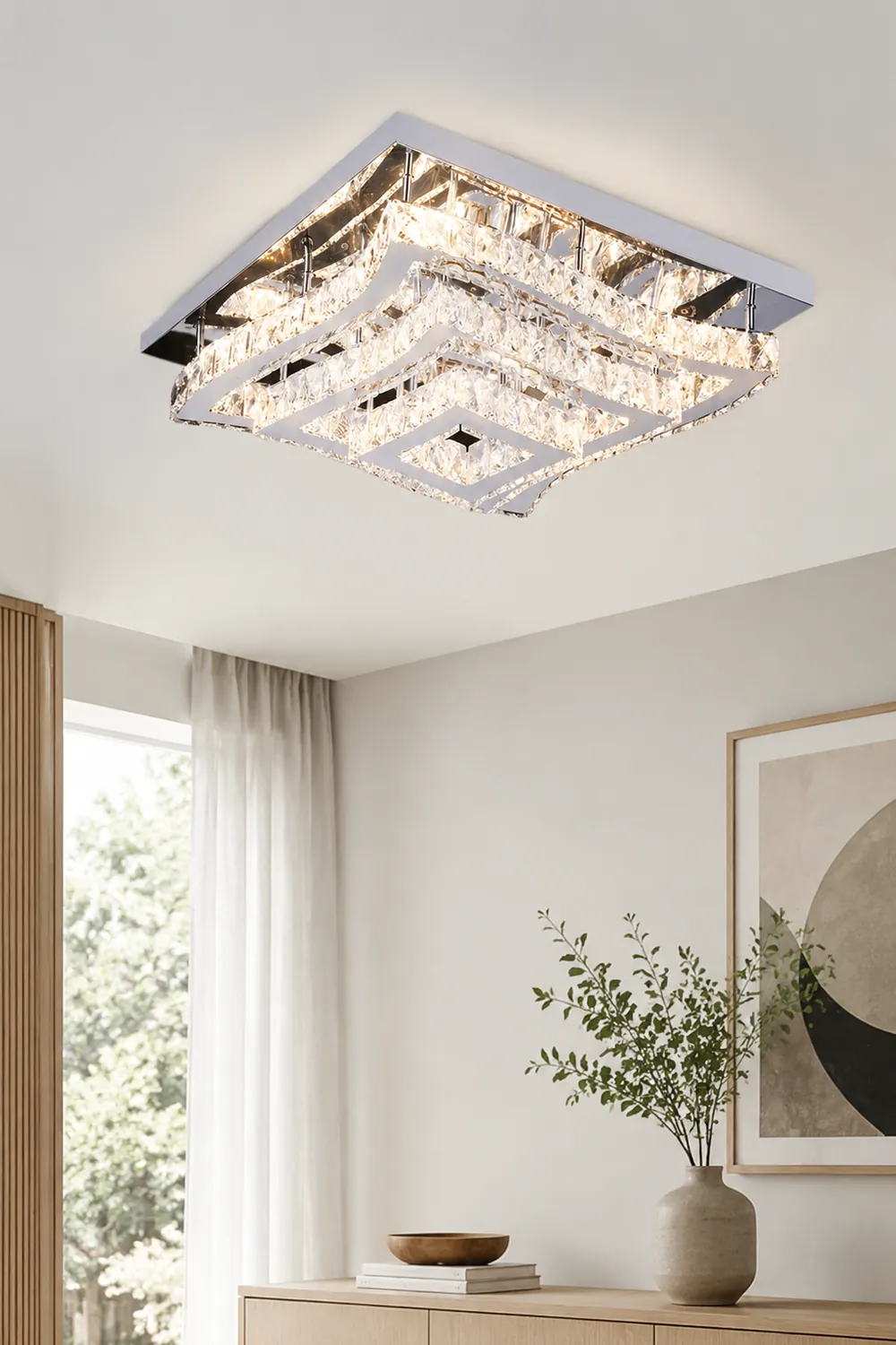 Kristy Luxury Square Metal/Glass Flush Mount Ceiling Light, Living Room - Lumpaz