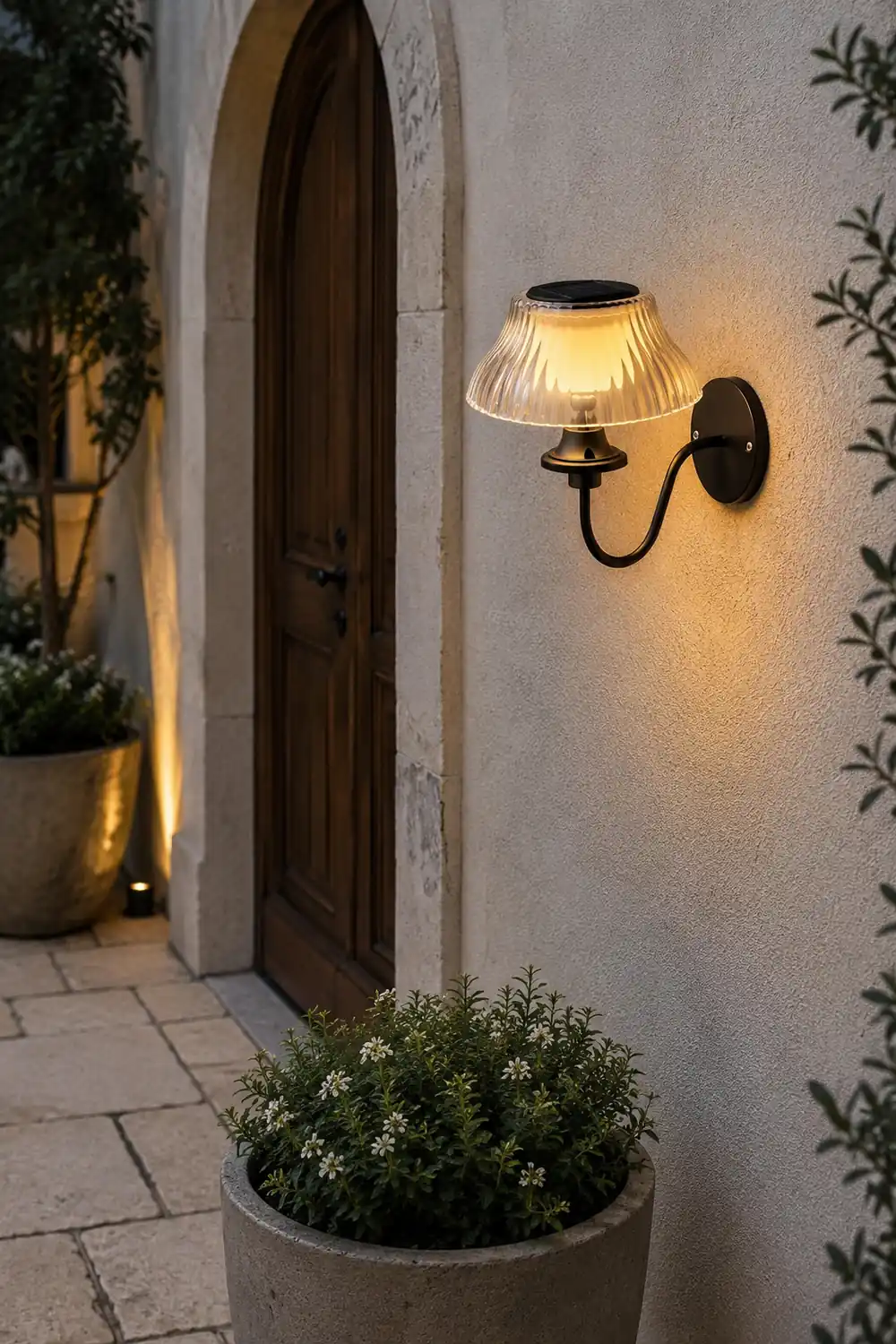Black Metallic Arm Solar Outdoor Wall Light - Adjustable Glass Shade - Lumpaz