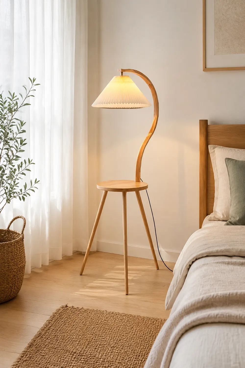 Ozawa Modern Pleated Wood Fabric Bedside Table Floor Lamp - Lumpaz