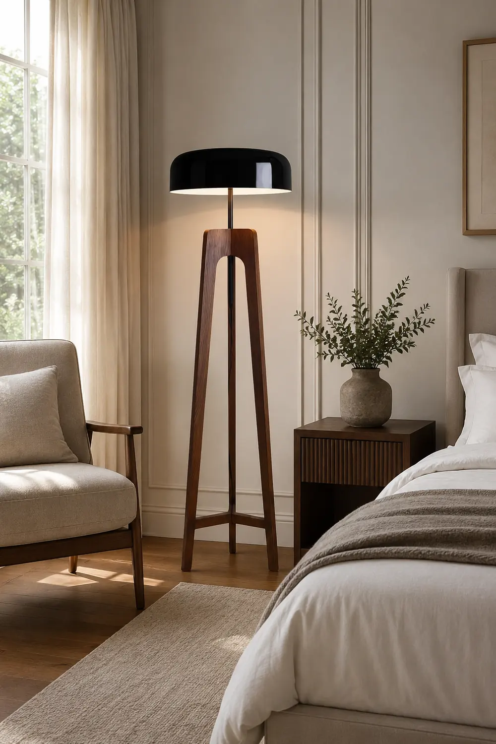 Ozawa Modern Bowl Tripod Wood Metal Floor Lamp, Black/White - Lumpaz