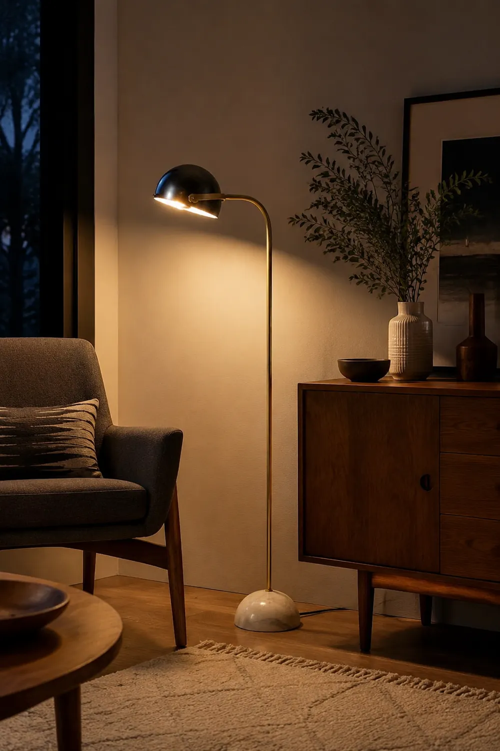 Eryn Floor Lamp Semi Circular Retro/Minimalist, Metal/Marble, Black, Bedroom - Lumpaz