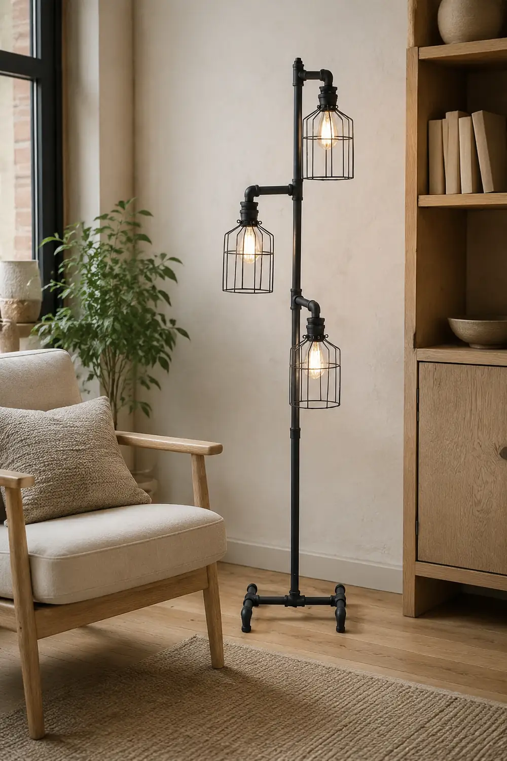 Alessio Retro Bird Cage Metal Floor Lamp, 3 Heads,Black - Lumpaz