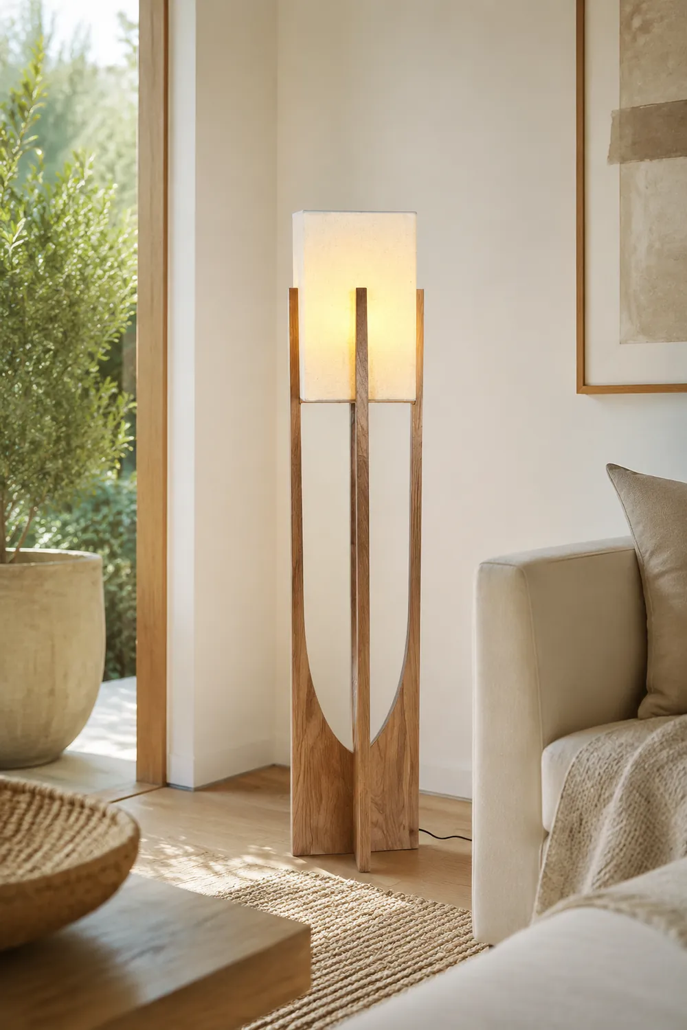 Ozawa Natural Rectangular Wood/Fabric Floor Lamp - Lumpaz