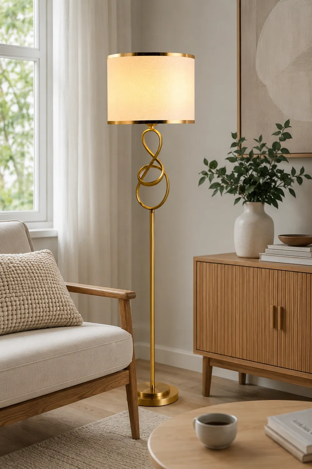 Sano Luxury Cylindrical Metal/Fabric Floor Lamp, White/Red - Lumpaz