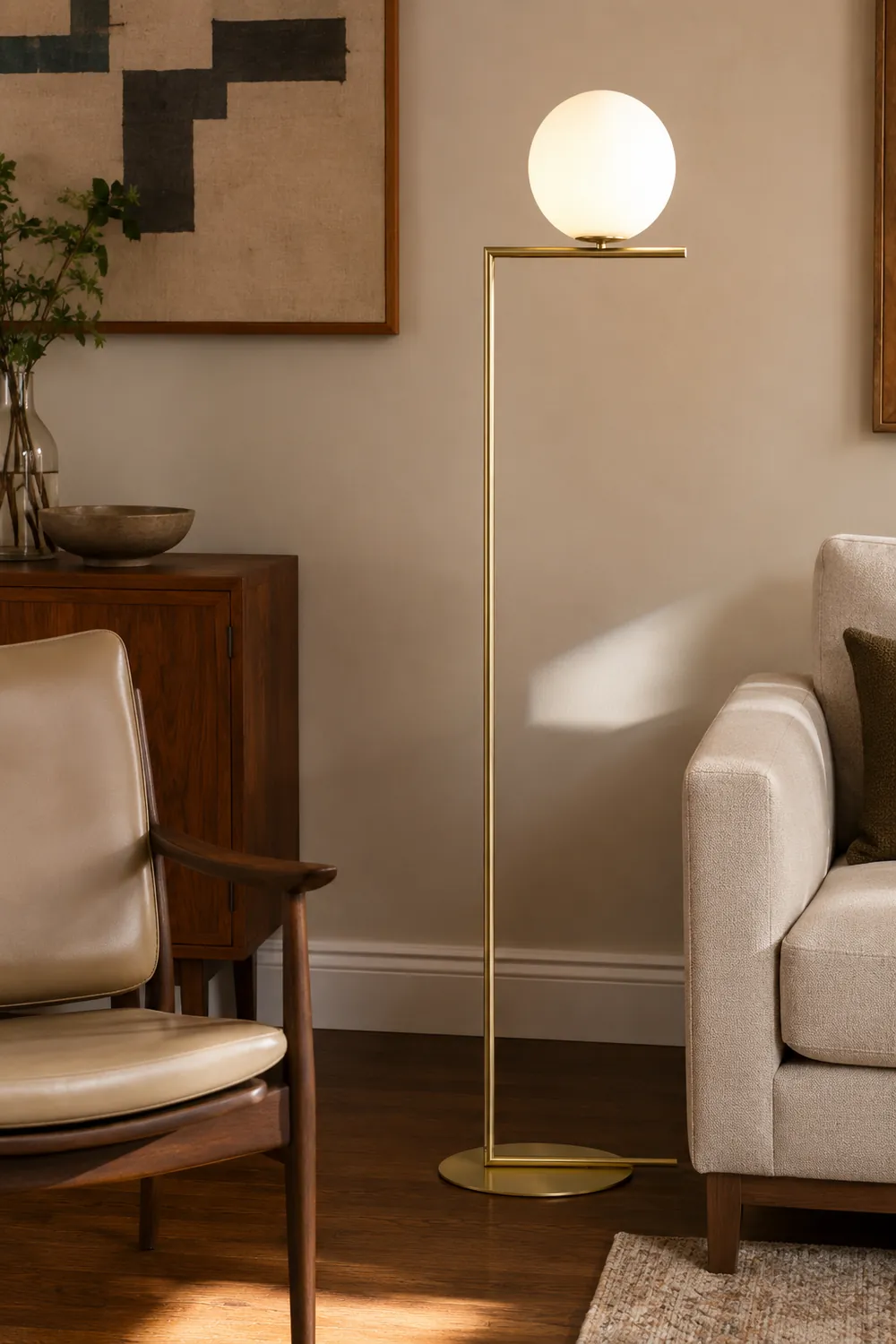 Valentina Modern Right Angle Globe Metal/Glass Standing Floor Lamp, Brass/Silver - Lumpaz