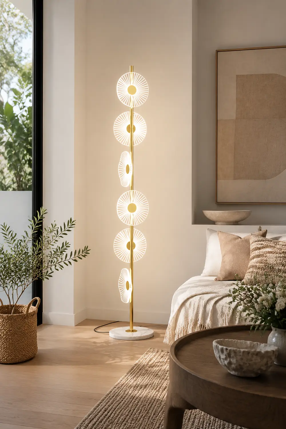 Carins Floor Lamp Creative Circle Modern, Acrylic, White/Gold, Bedroom - Lumpaz