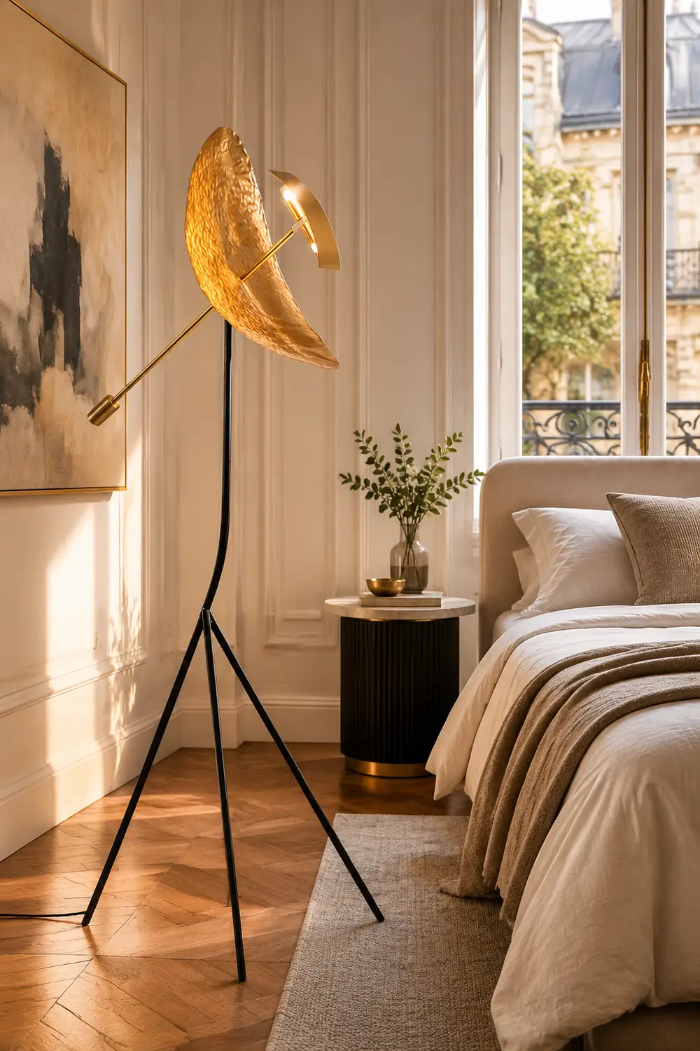 Salgado Floor Lamp Tripod Reflection Postmodern, Metal, Gold, Living Room - Lumpaz