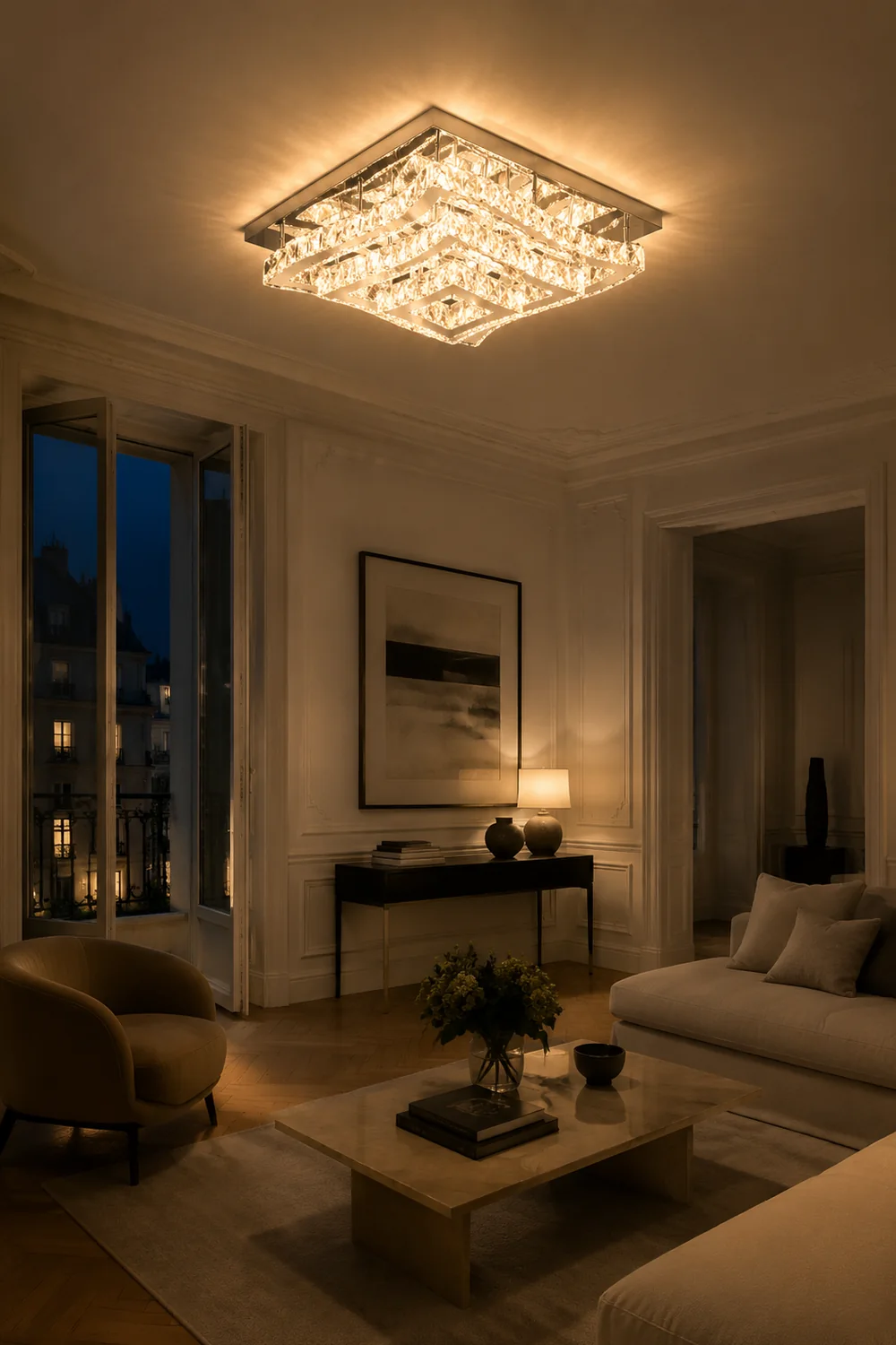 Kristy Luxury Square Metal/Glass Flush Mount Ceiling Light, Living Room - Lumpaz
