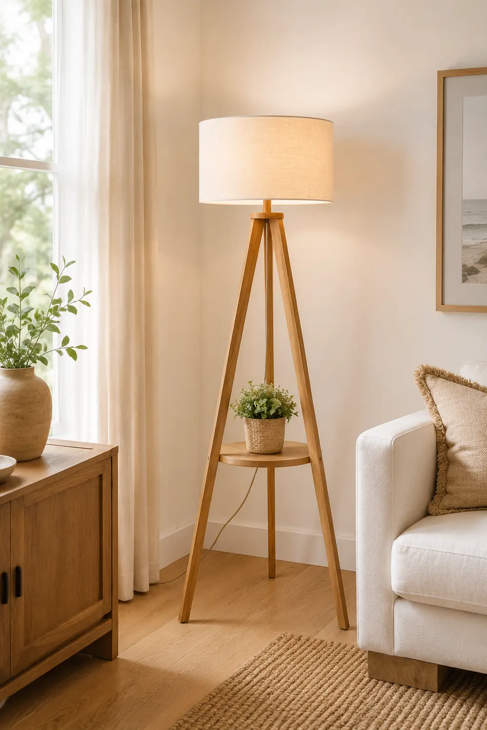 Ozawa Floor Lamp Triangle Vintage, Wooden/Fabric, Beige, Living Room - Lumpaz