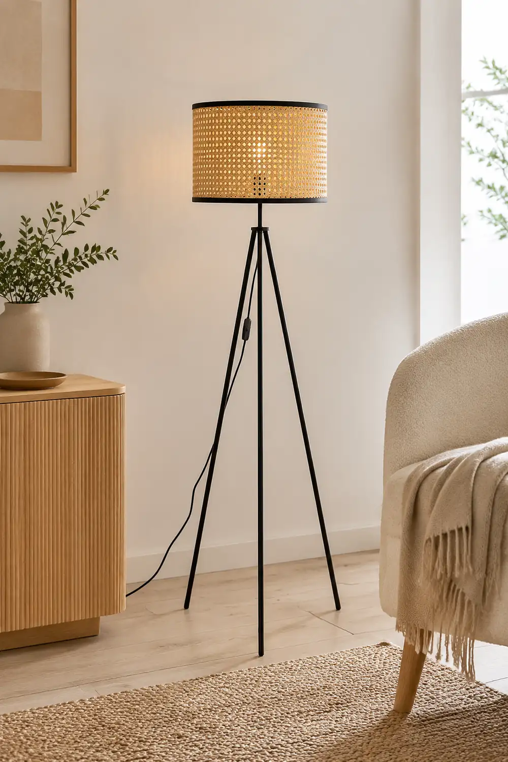 Ritta Natural Tripod Floor Lamp, Rattan/Willow Weave - Lumpaz