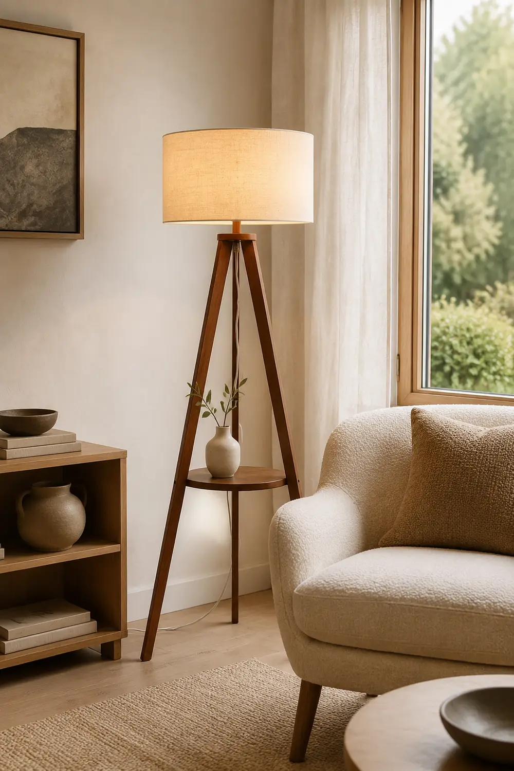 Ozawa Floor Lamp Triangle Vintage, Wooden/Fabric, Beige, Living Room - Lumpaz