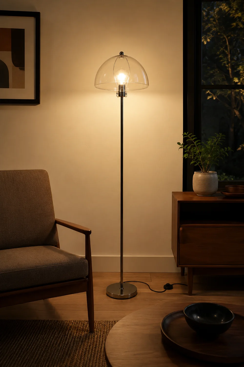 Levy Floor Lamp Round Tree Retro, Glass LED, Transparent, Living Room - Lumpaz