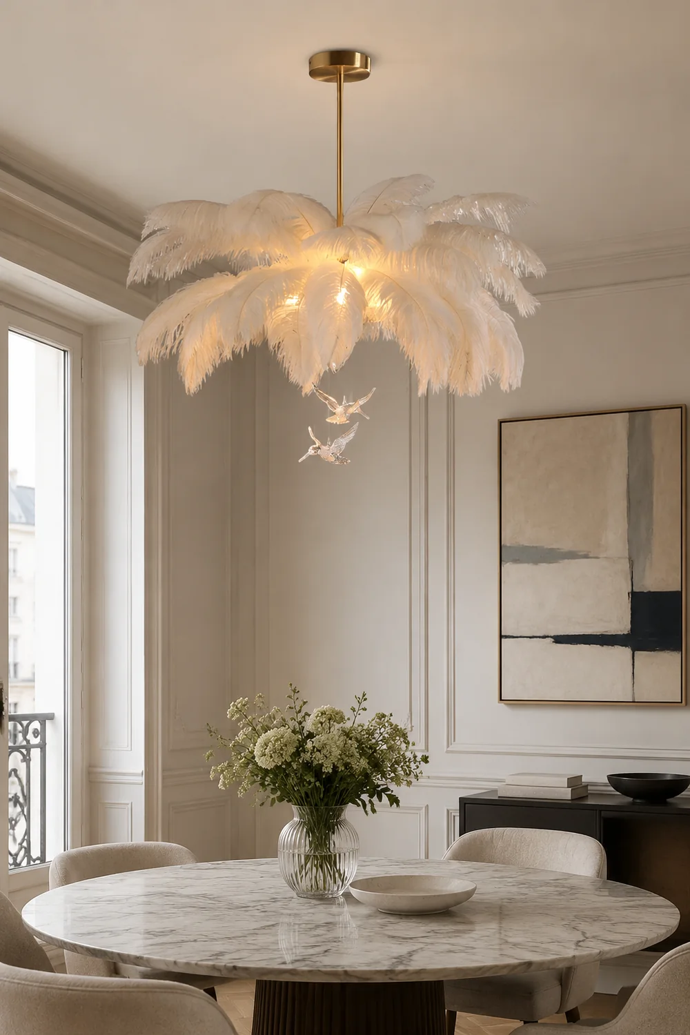 O'Moore Ostrich Contemporary Elegant Feather Chandelier, White - Lumpaz