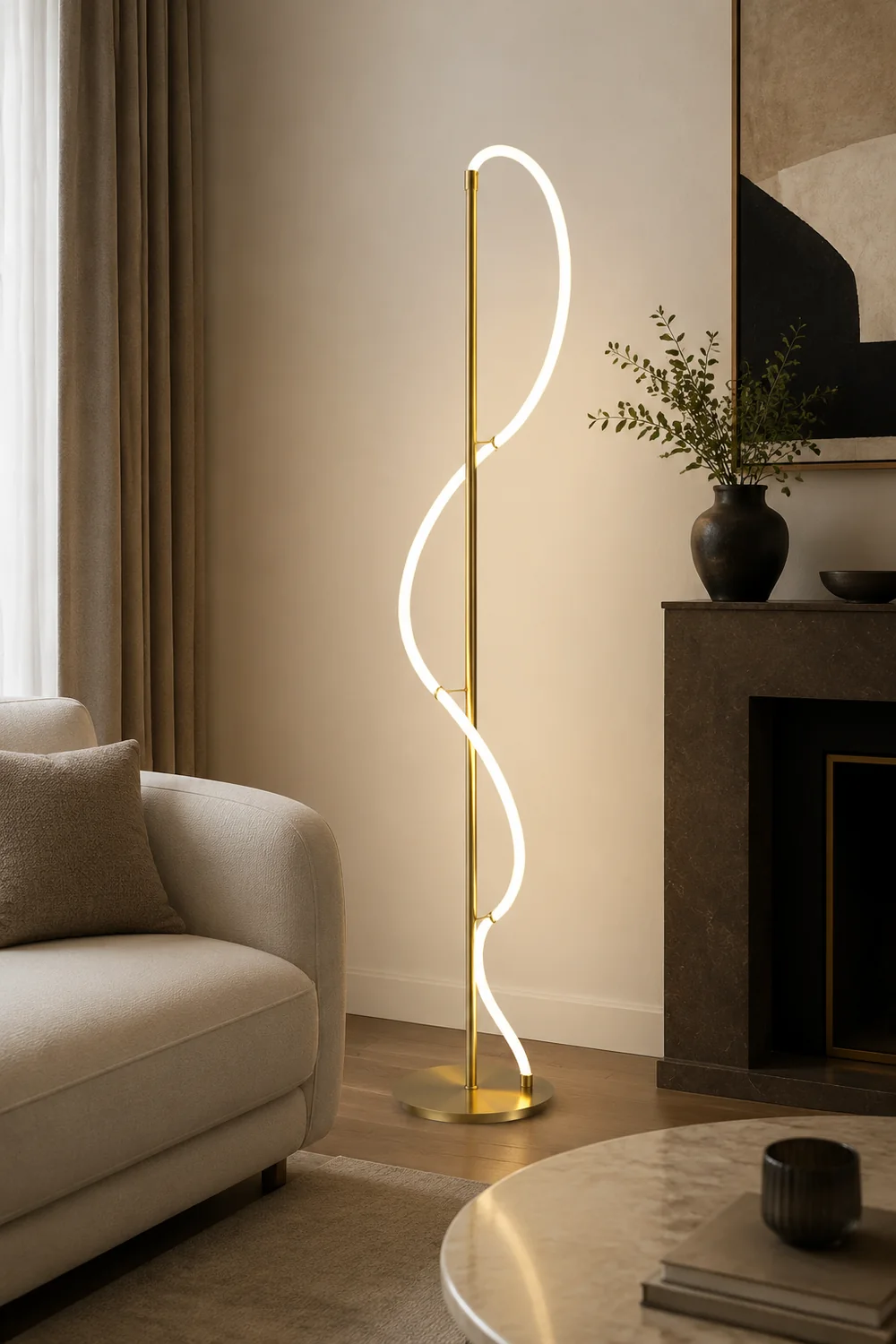 Modern Minimalis Linear Floor Lamp/Table, Brass - Lumpaz