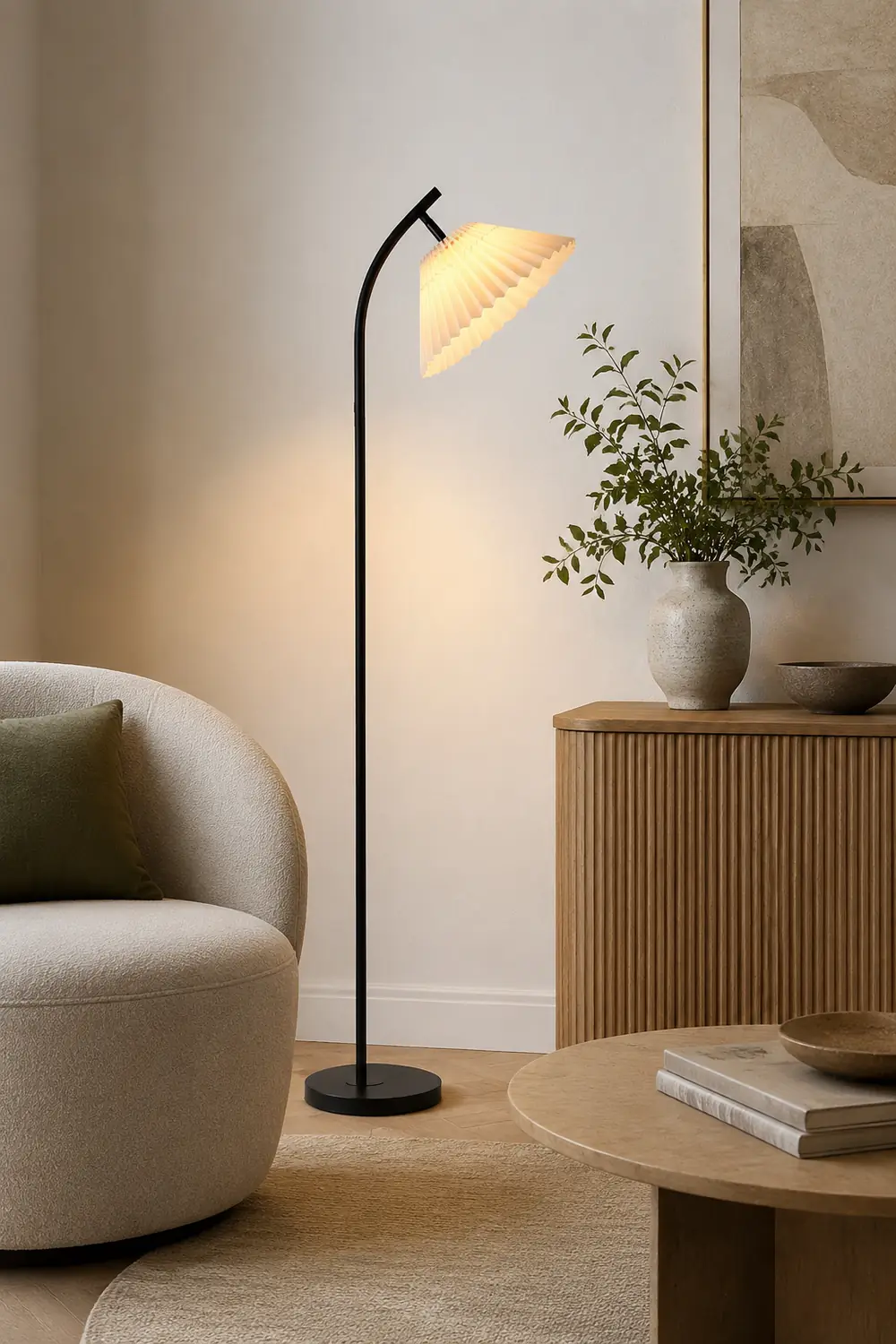 Ozawa Modern Arc Pleated Metal Fabric Floor Lamp, 3 Color - Lumpaz