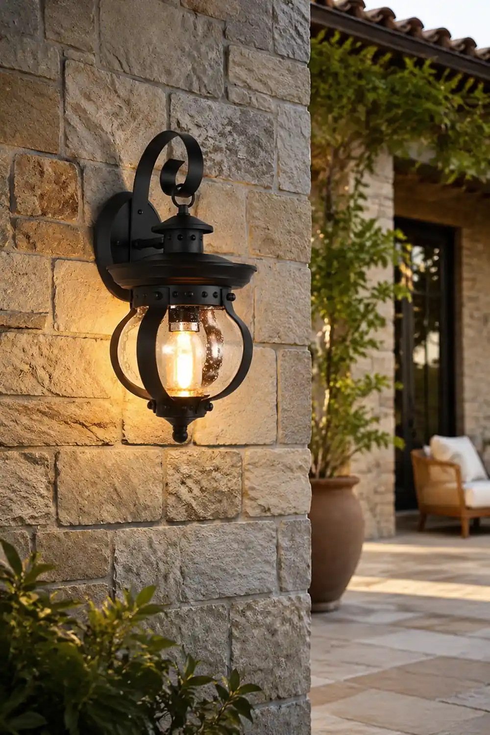 1-Light Seeded Glass Globe LED Outdoor Wall Lantern with Curved Arm - Lumpaz