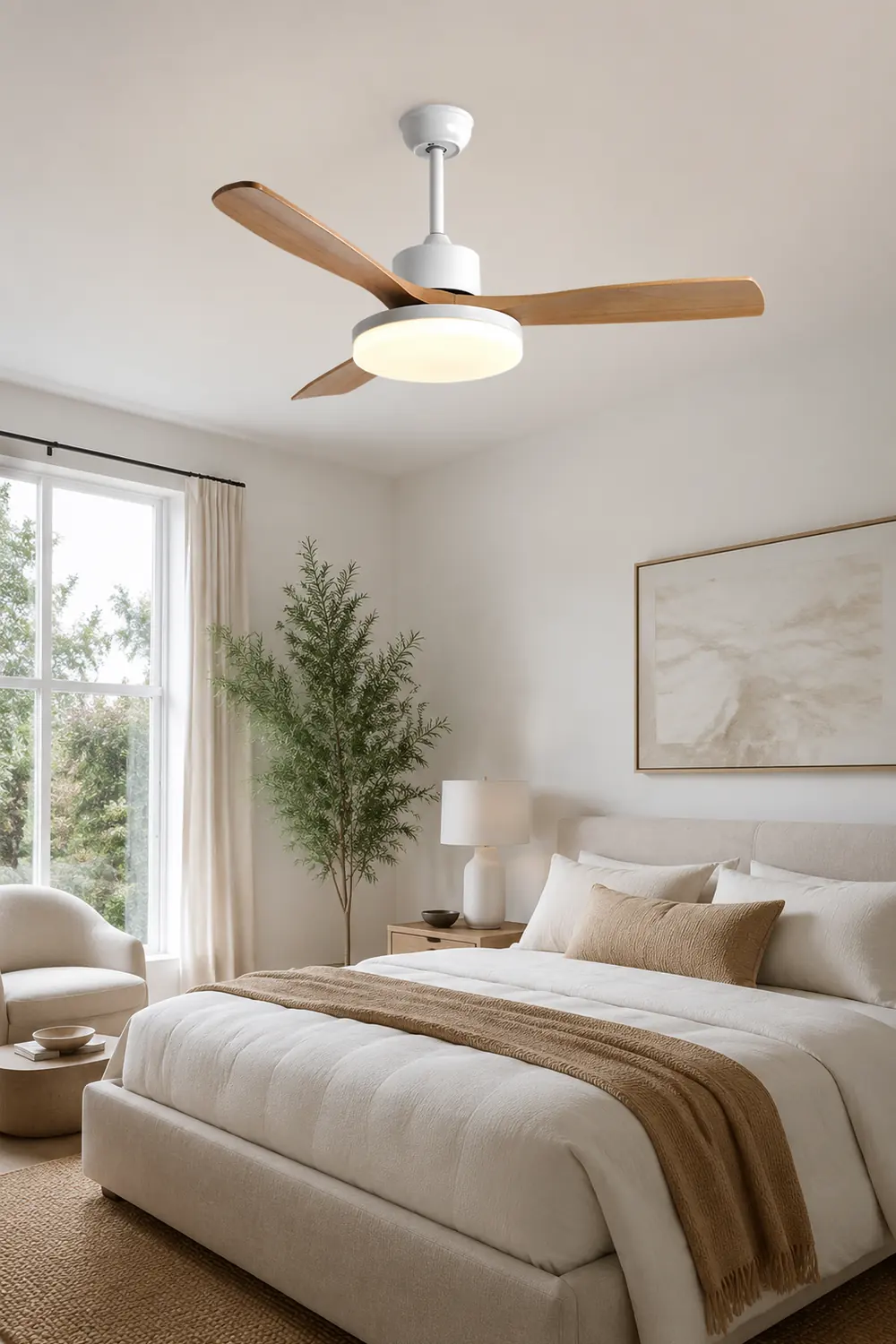 Haydn 3-Blade DC Ceiling Fan Light, Wood & White, Summer, 52'' - Lumpaz