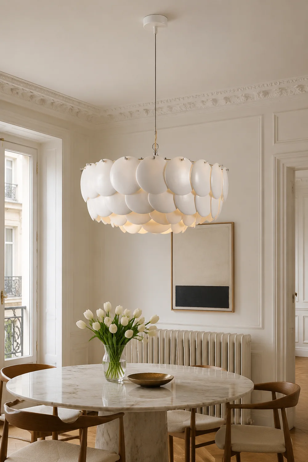 Lottie Wihte Art Deco Chandelier Light Fixture, Ceramic Leaf & Metal - Lumpaz