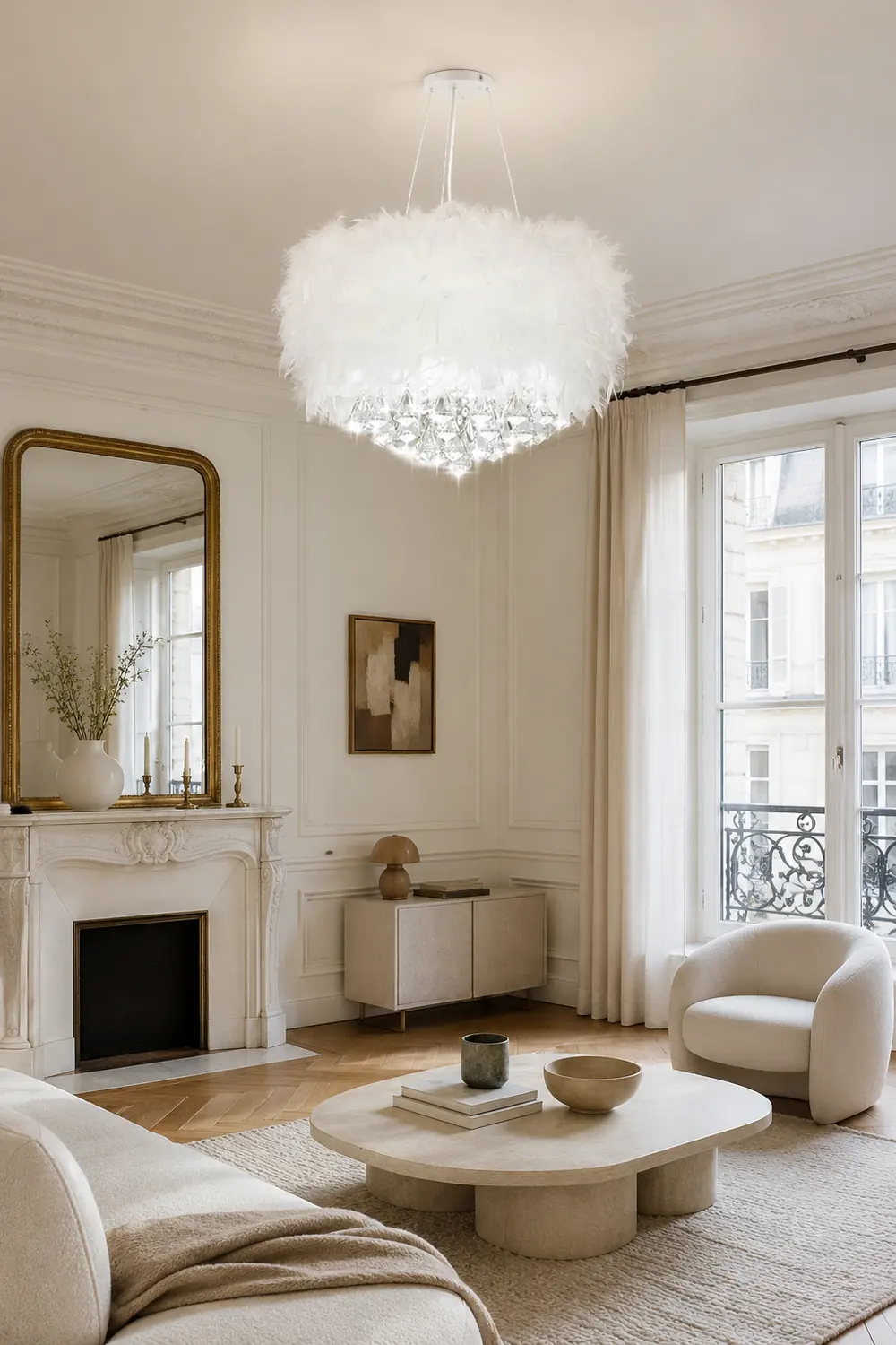 O'Moore Modern Luxury Round Chandelier, Feather/Crystal, White - Lumpaz