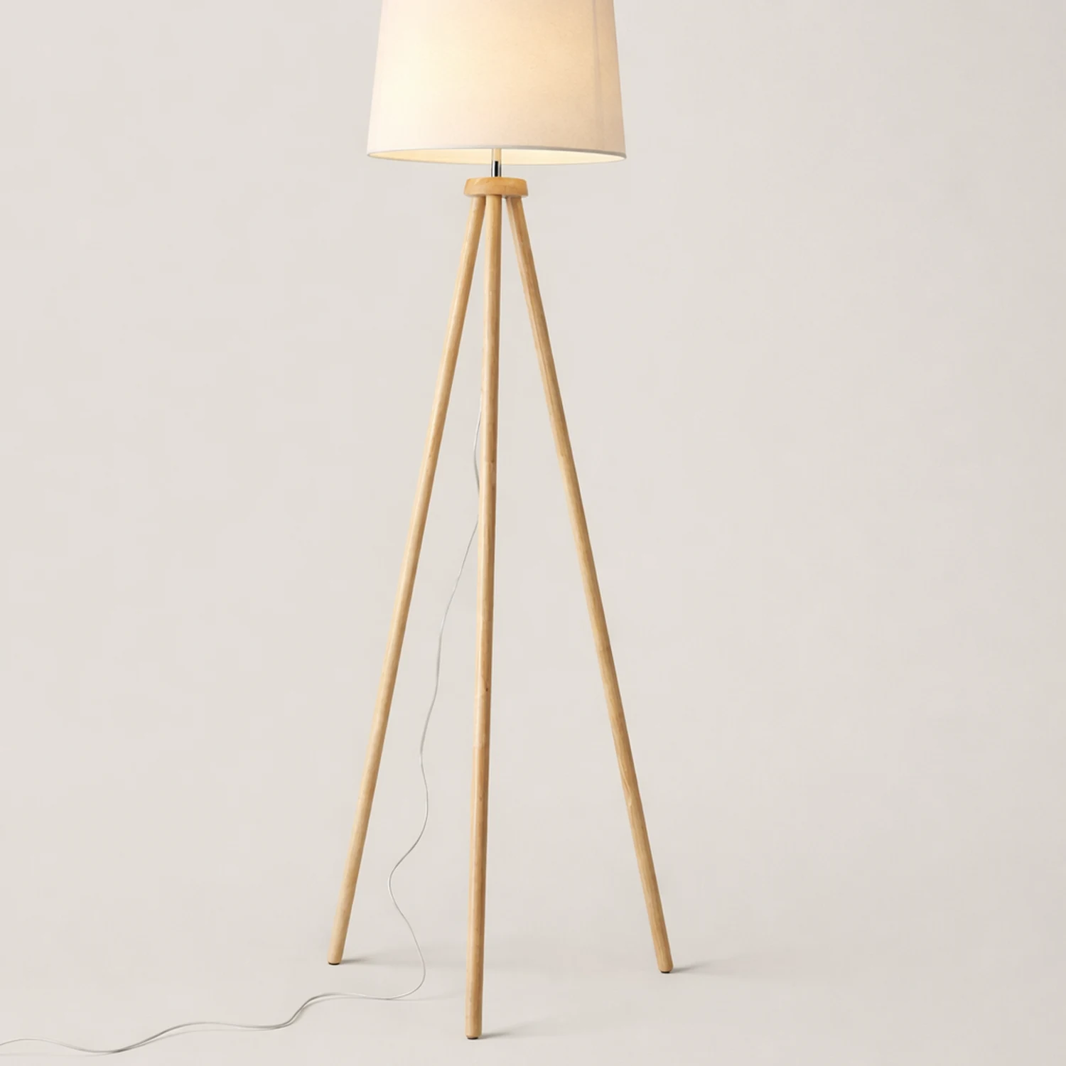 Muto Modern Cylinder Wood Fabric Floor Lamp, White/Beige - Lumpaz