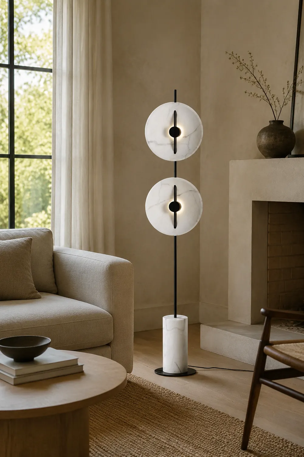 Salgado Modern Nordic Round Marble/Metal  Floor Lamp, White - Lumpaz