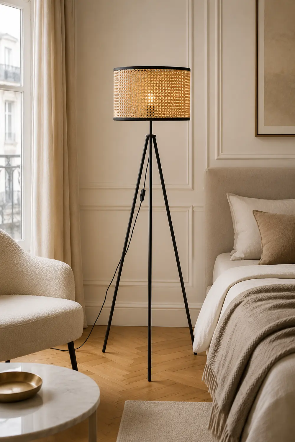 Ritta Natural Tripod Floor Lamp, Rattan/Willow Weave - Lumpaz