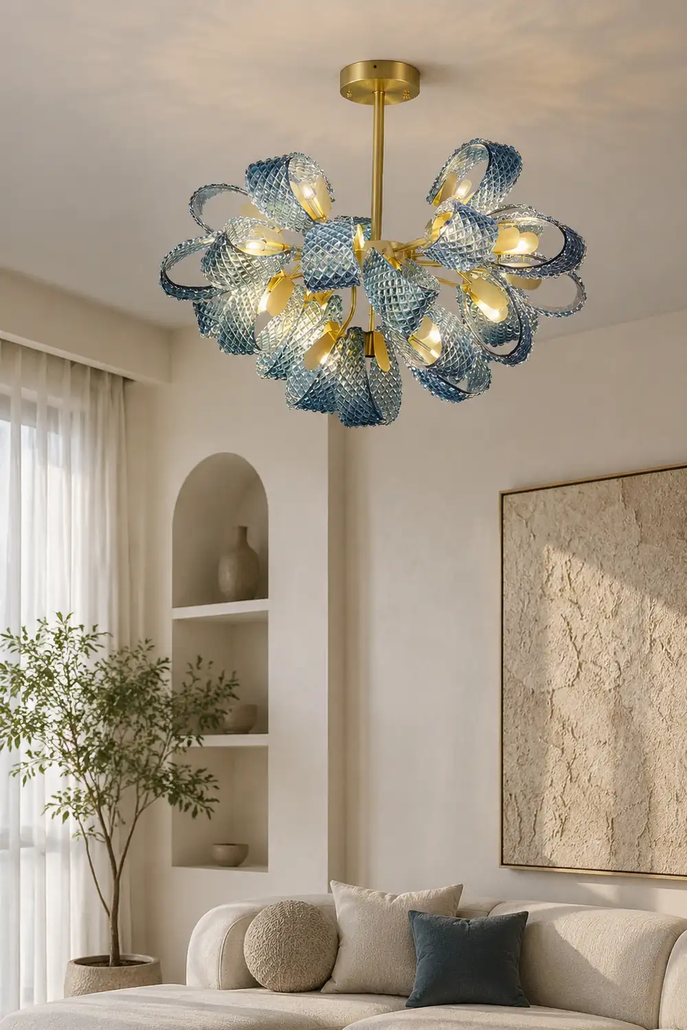 Hailie Vintage Art Deco Blue Glass Chandelier Living Room - Lumpaz