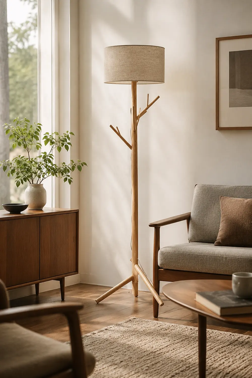 Muto Floor Lamp Japanese Tree, Beige, Fabric/Wooden - Lumpaz