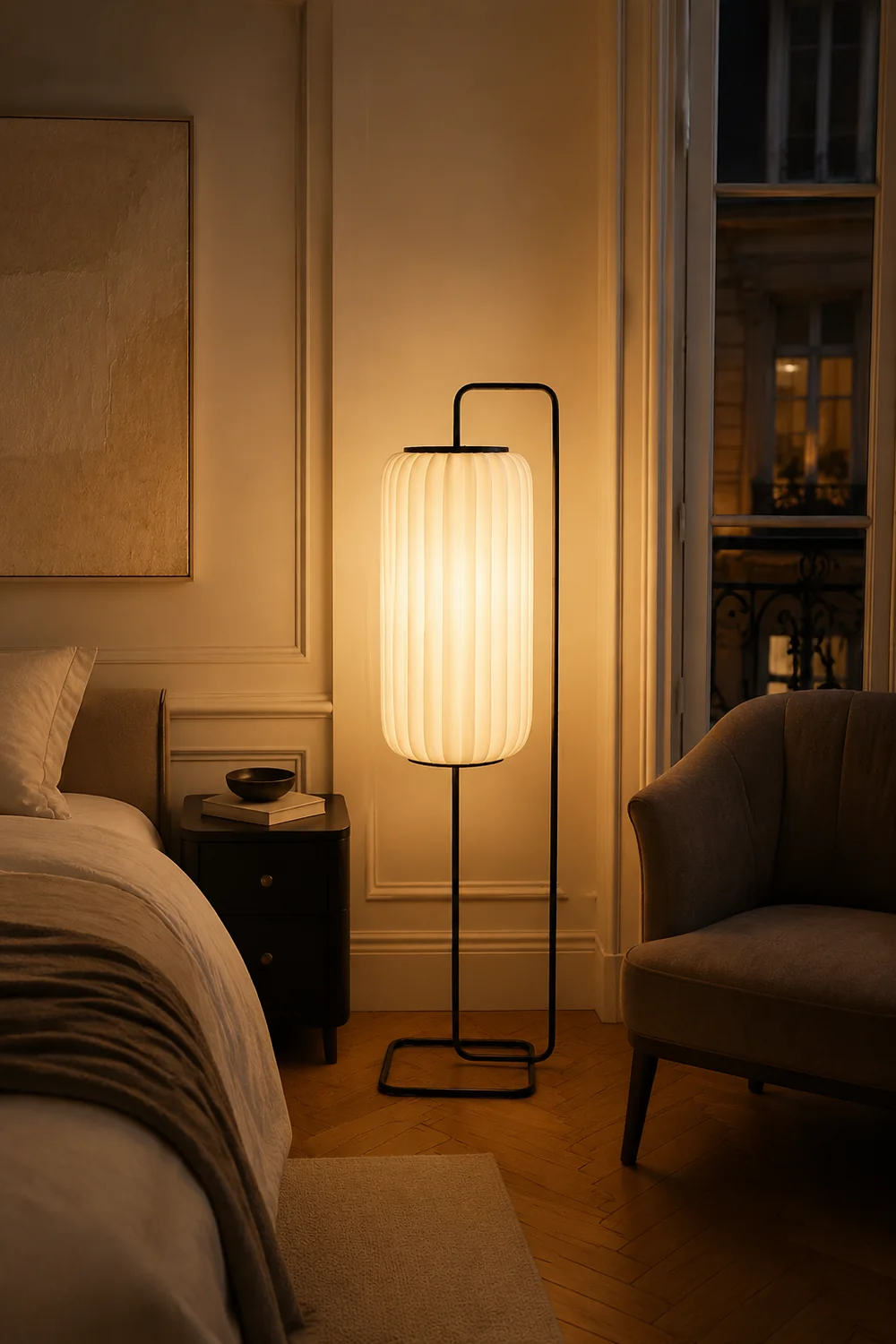 Renée Minimalist Column Fabric Metal Floor Lamp, Bedroom - Lumpaz