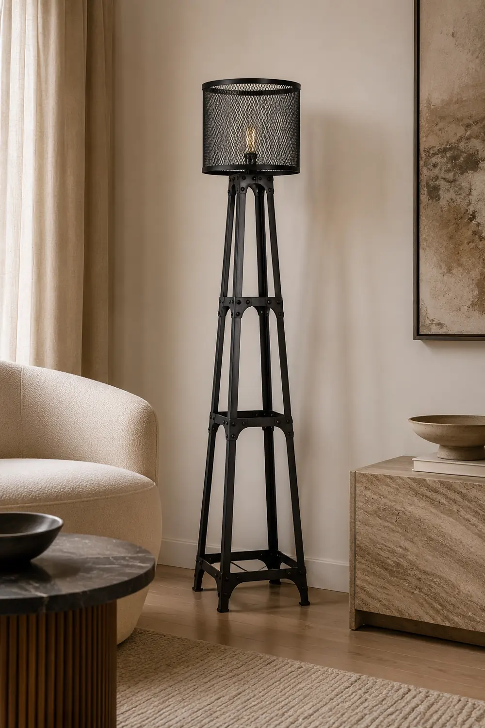 Alessio Modern Cylinder Mesh Screen Metal Floor Lamp, Black - Lumpaz