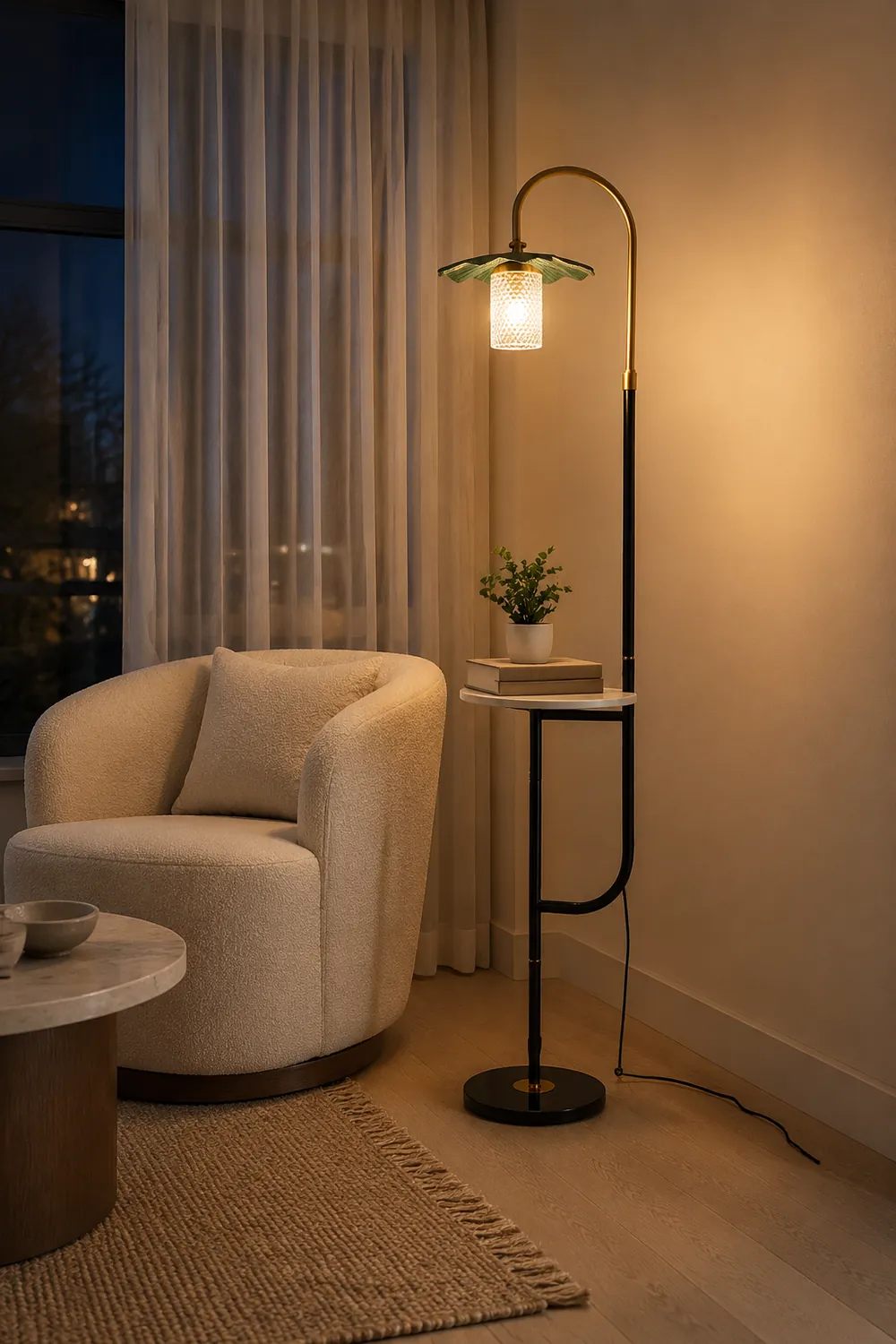 Carins Retro Lotus Metal Acrylic Floor Lamp, Gold/Green/Light - Lumpaz