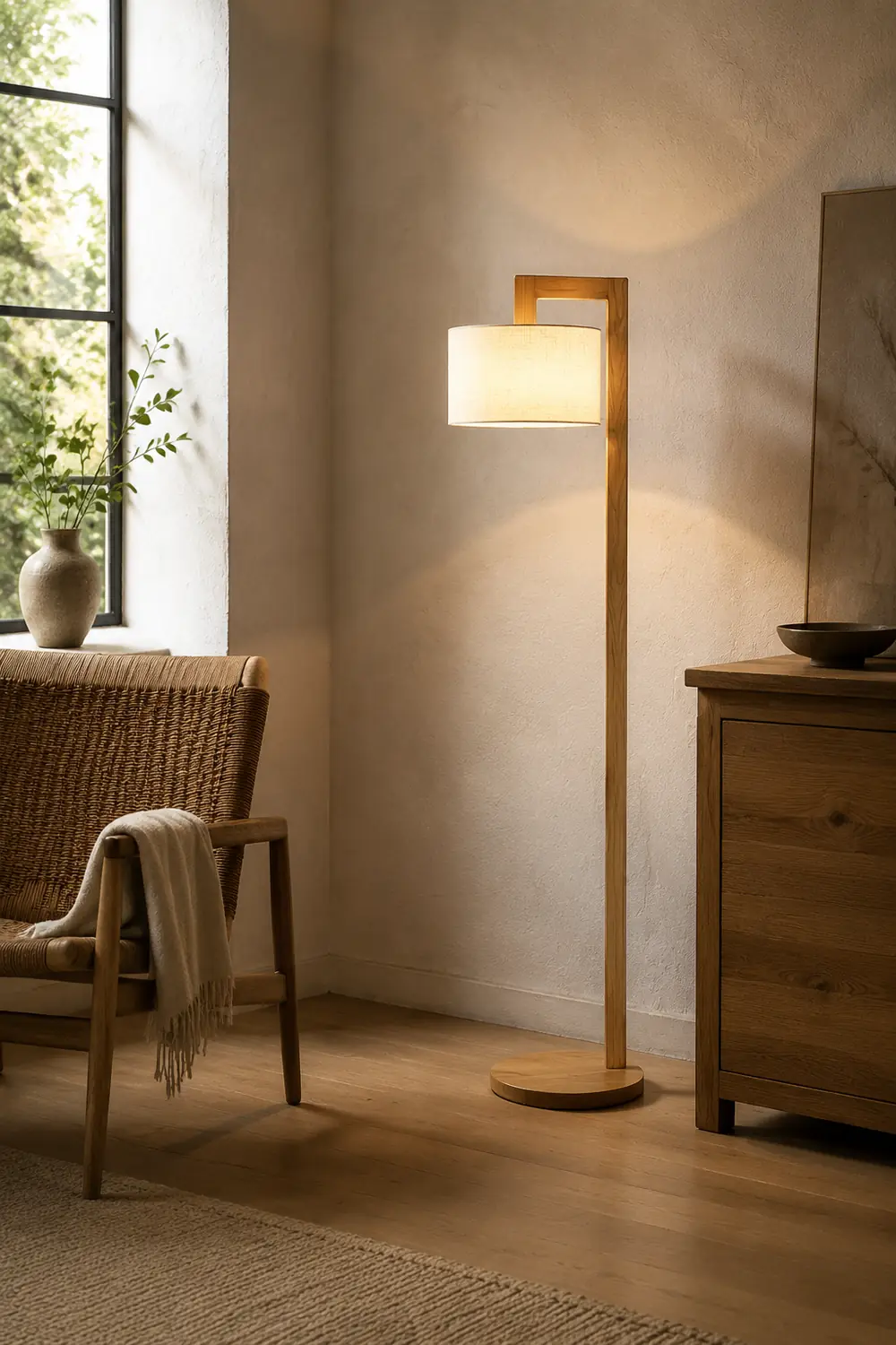 Ozawa Japanese Right Angle Arm Floor Lamp, Beige, Wood/Fabric - Lumpaz