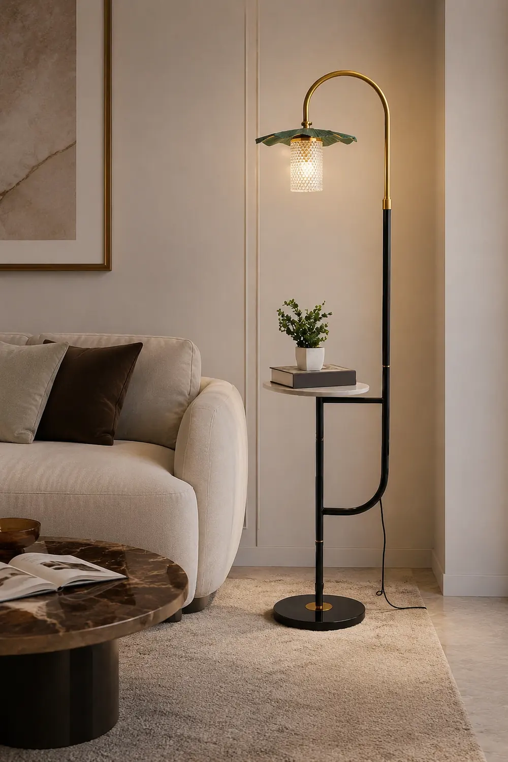 Carins Retro Lotus Metal Acrylic Floor Lamp, Gold/Green/Light - Lumpaz