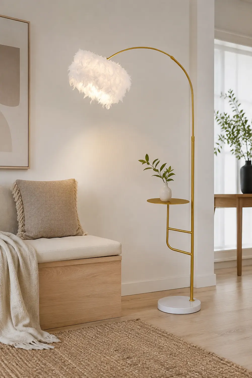O'Moore Elegant Arc Metal Feather Floor Lamp With Table - Lumpaz