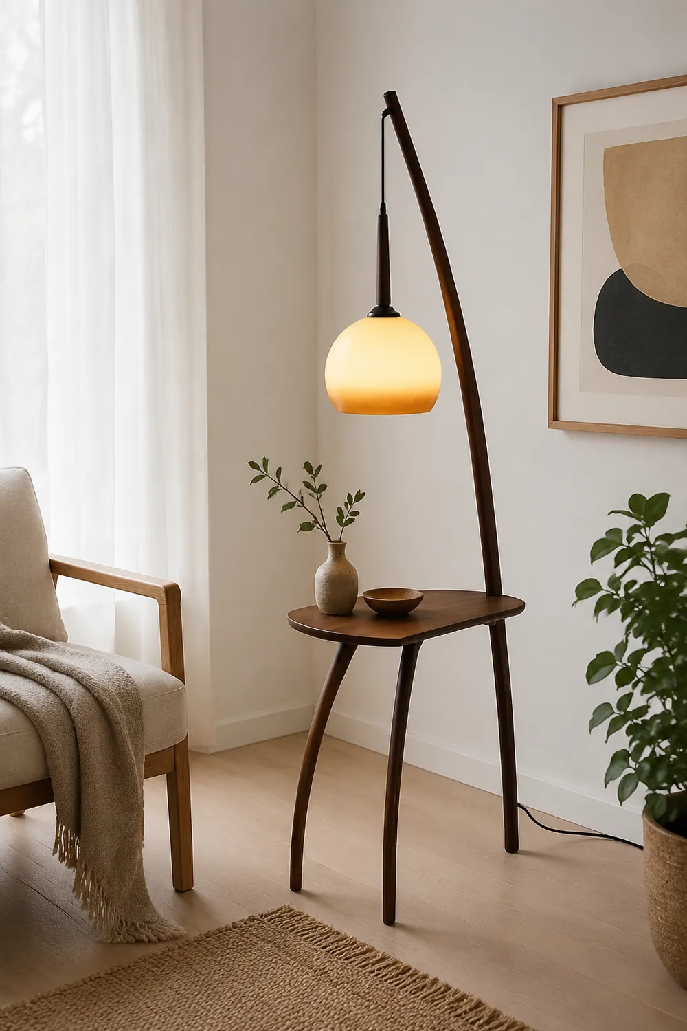 Ozawa Modern Dome Tripod Wood Glass Floor Lamp /w Table, Brown - Lumpaz