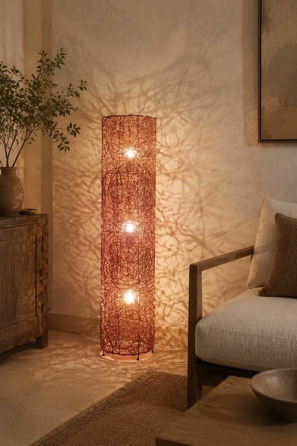 Ritta Retro Vase Wood Rattan Floor Lamp, White/Brown - Lumpaz
