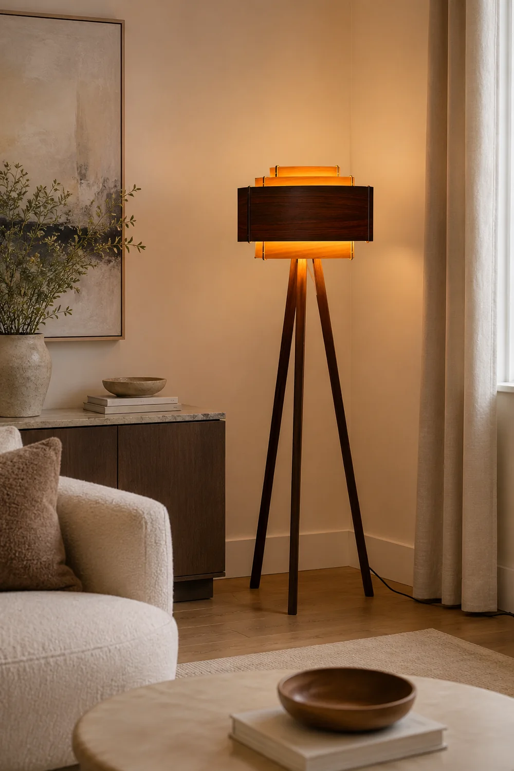 Ozawa Modern Cylinder Tripod Wood Floor Lamp, Brown - Lumpaz