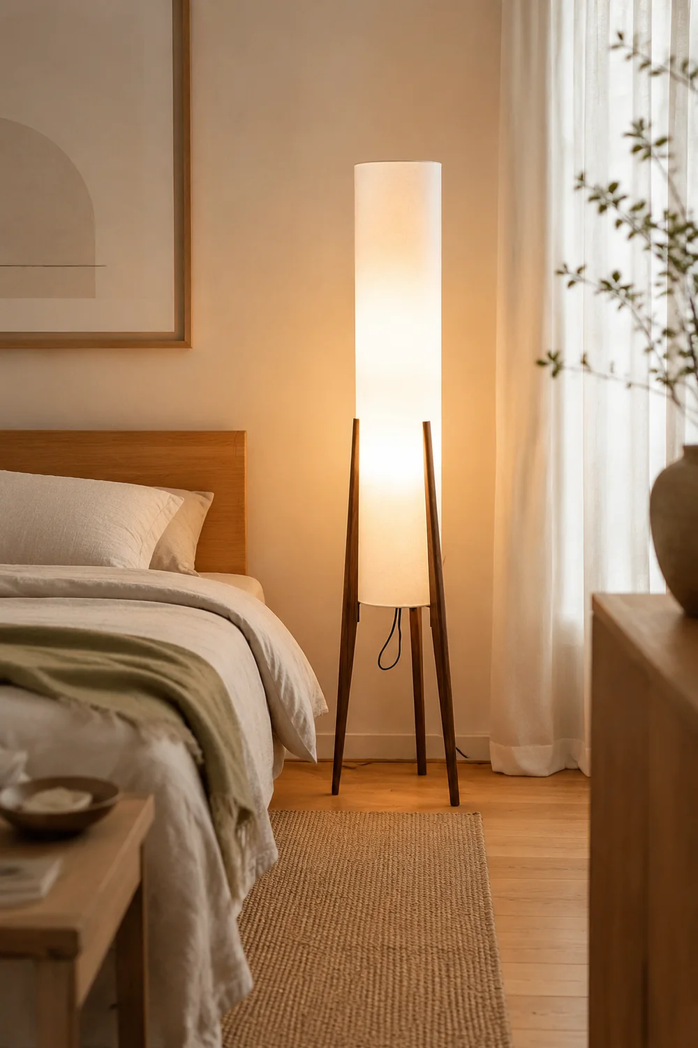 Ozawa Contemporary Cylinder Tripod Wood Glass Floor Lamp, Brown - Lumpaz