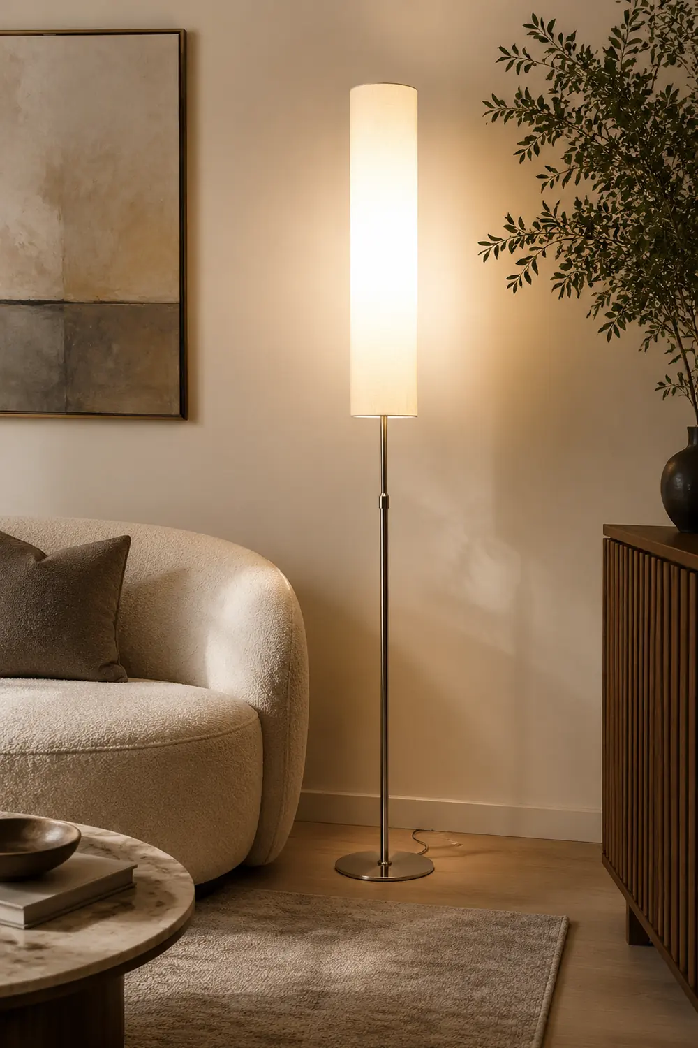 Eryn Minimalist Metal and Fabric Cylindrical White Floor Lamp - Lumpaz