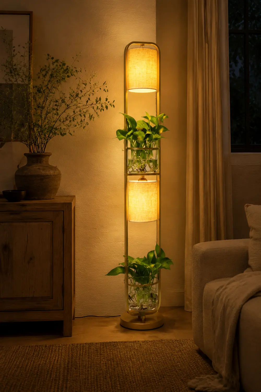 Eryn Simple Cylinder 2-Light Heads Floor Lamp with Planters, Black/White/Gold - Lumpaz