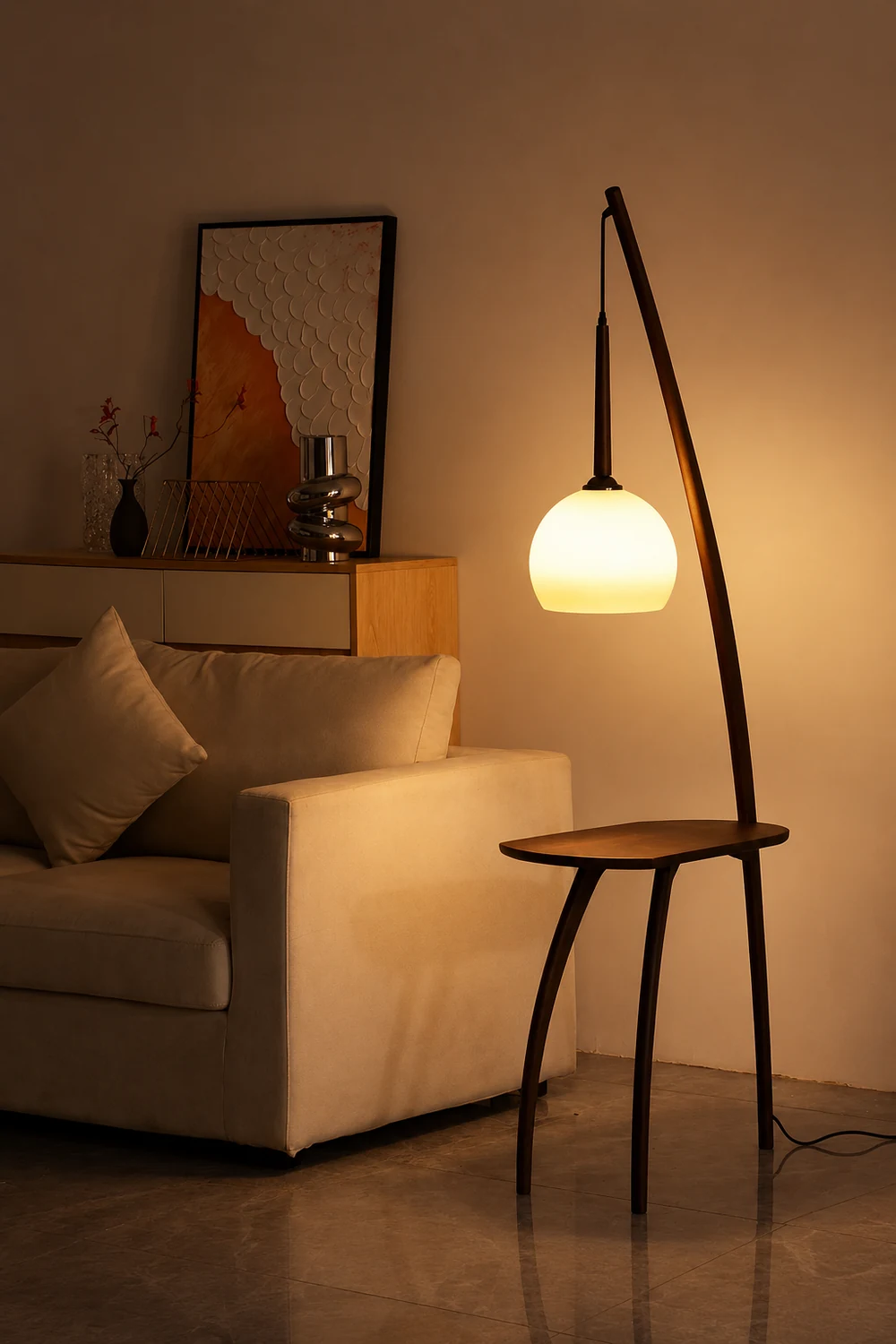 Ozawa Modern Dome Tripod Wood Glass Floor Lamp /w Table, Brown - Lumpaz